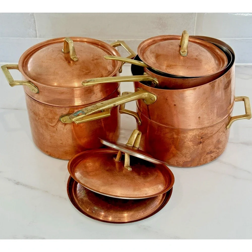 Copper Pans Paul Revere 11 Pc Cookware Set Brass Handles USA Vintage Signed